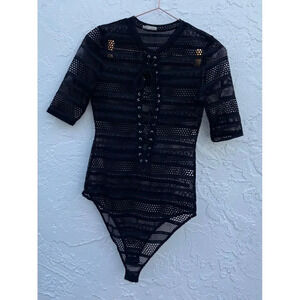 KTOO Womens Small Eyelet Mesh Lace Up One Piece Bodysuit Black Sz S/M